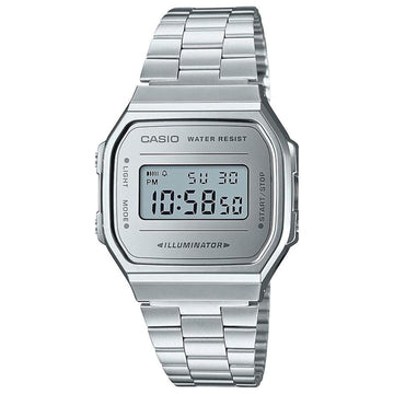 Ρολόι χρονογράφος  Casio Vintage A-168WEM-7EF με ασημί ατσάλινο μπρασελέ, ασημί καντράν σε τετράγωνο σχημα με ψηφιακή ένδειξη και στεγανότητα 3ATM-30Μ.
